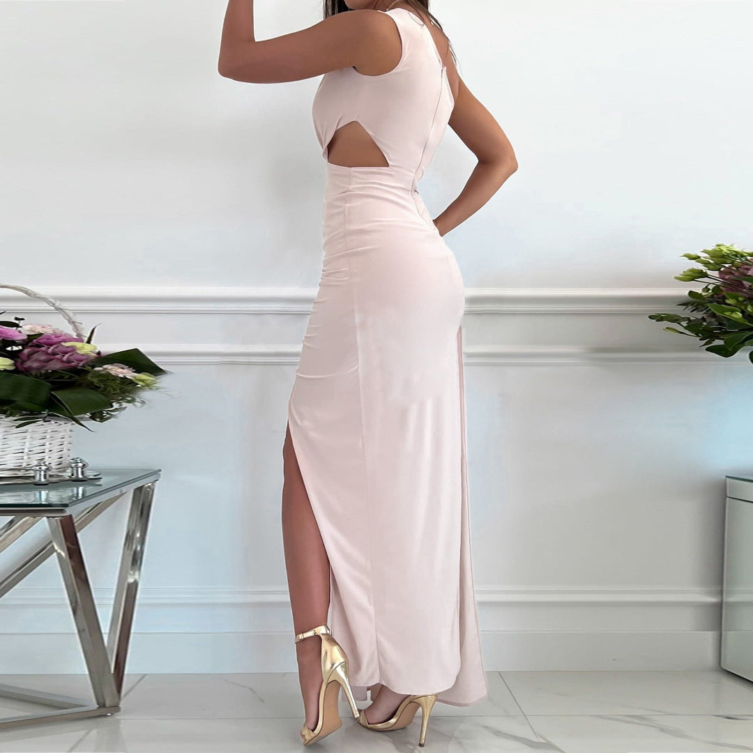 Stylish women's one-shoulder evening dress featuring a flattering draped waist and a chic high leg split.