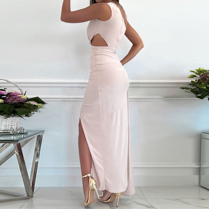 Stylish women's one-shoulder evening dress featuring a flattering draped waist and a chic high leg split.