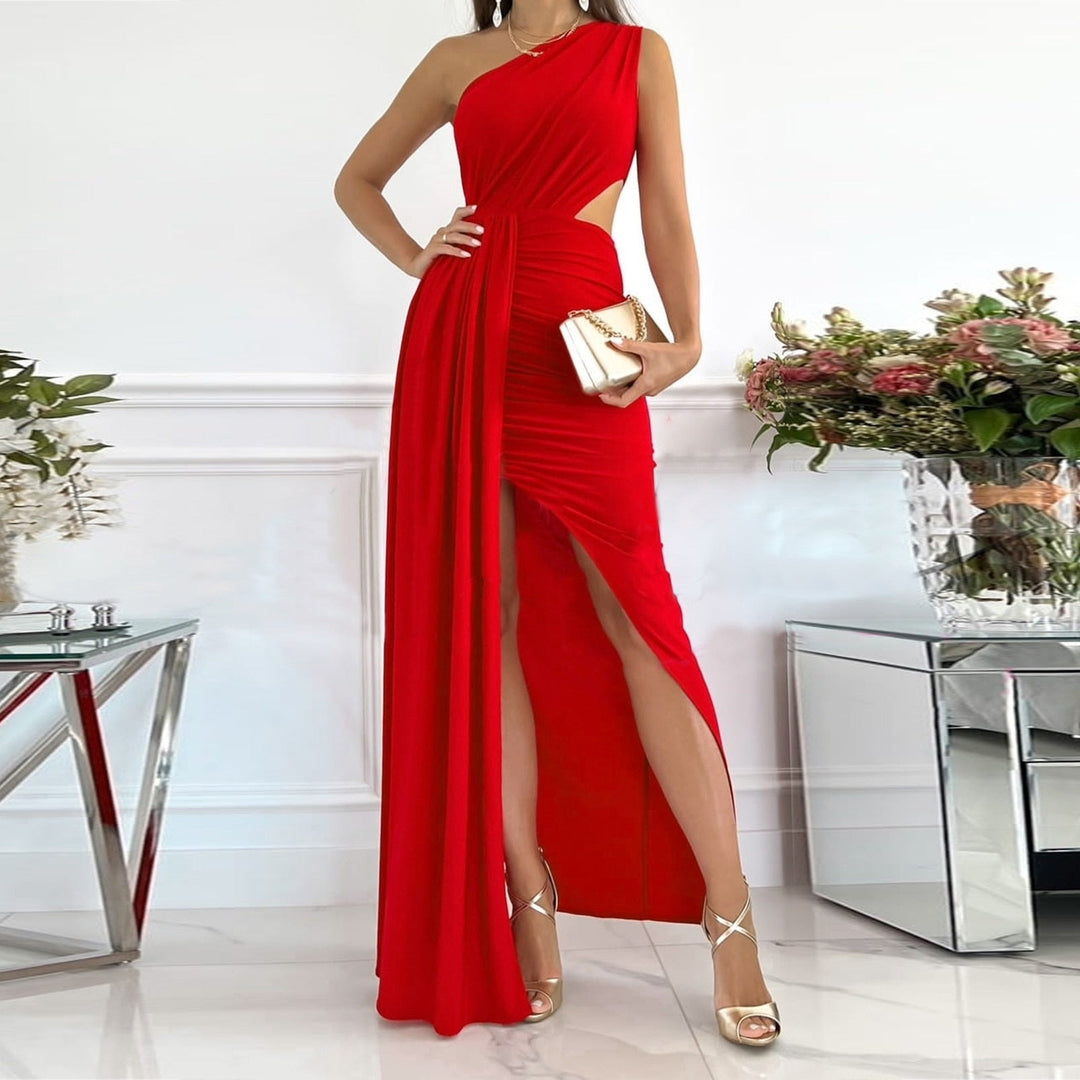 Fashionable women's one-shoulder maxi dress, an elegant evening gown with a draped waist and front split.