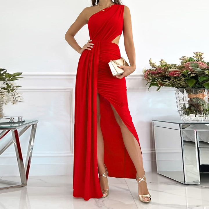 Fashionable women's one-shoulder maxi dress, an elegant evening gown with a draped waist and front split.