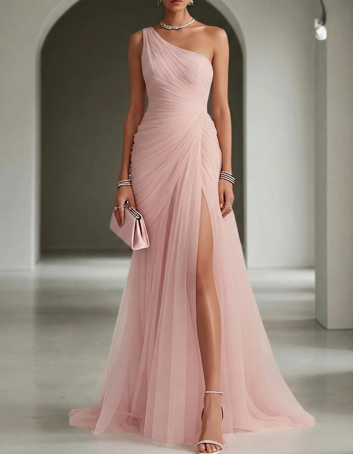 Elegant women's one-shoulder formal gown with delicate pleats, ideal for special occasions.