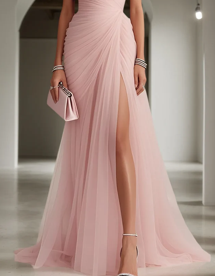 Wedding guest one-shoulder maxi dress for women, featuring a beautiful pleated design.