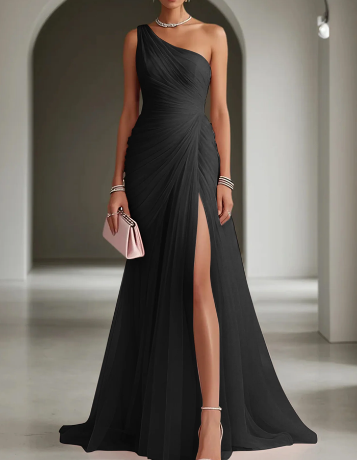 Women's elegant one-shoulder pleated maxi dress, a stunning choice for evening events.
