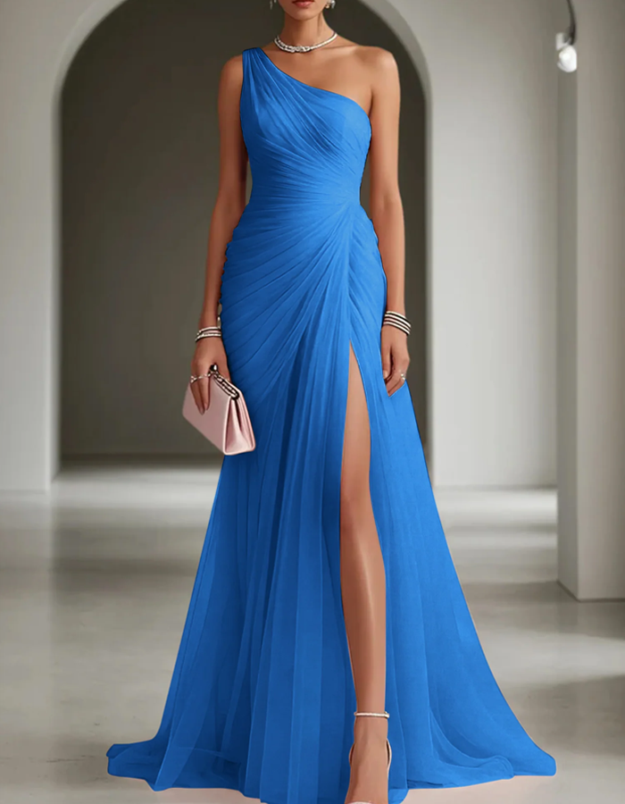 Women's one-shoulder pleated long dress, an elegant maxi gown perfect for wedding guests.