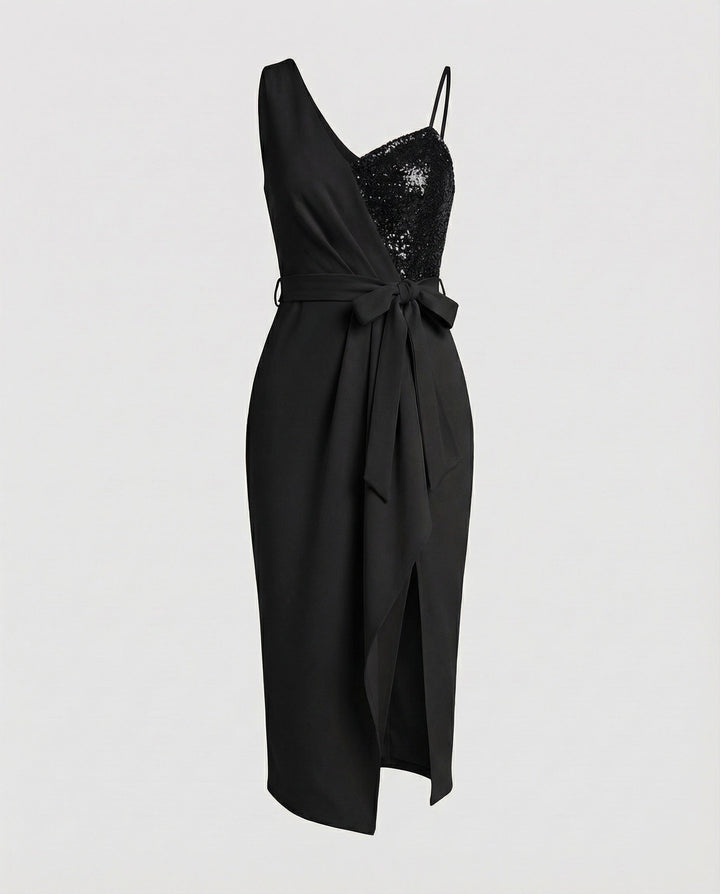 Chic one shoulder sequin cocktail dress, elegant and eye-catching.