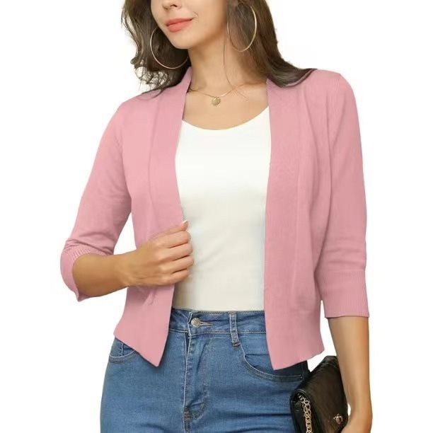 Soft women's casual open front cardigan with 3/4 sleeves, comfortable layering piece.