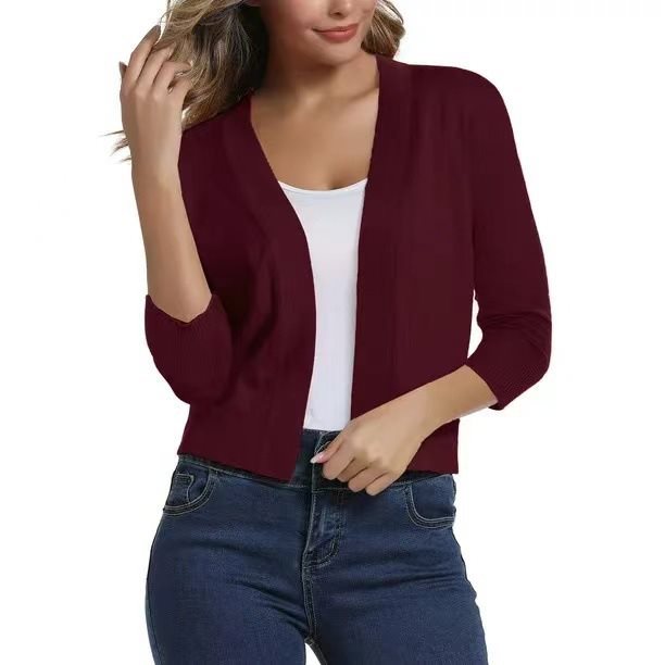 Casual women's open front cardigan, 3/4 sleeves, ideal for comfortable spring outfits.