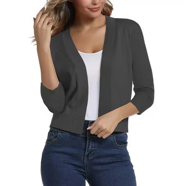 Chic women's casual open front cardigan with 3/4 sleeves, a stylish layering piece.