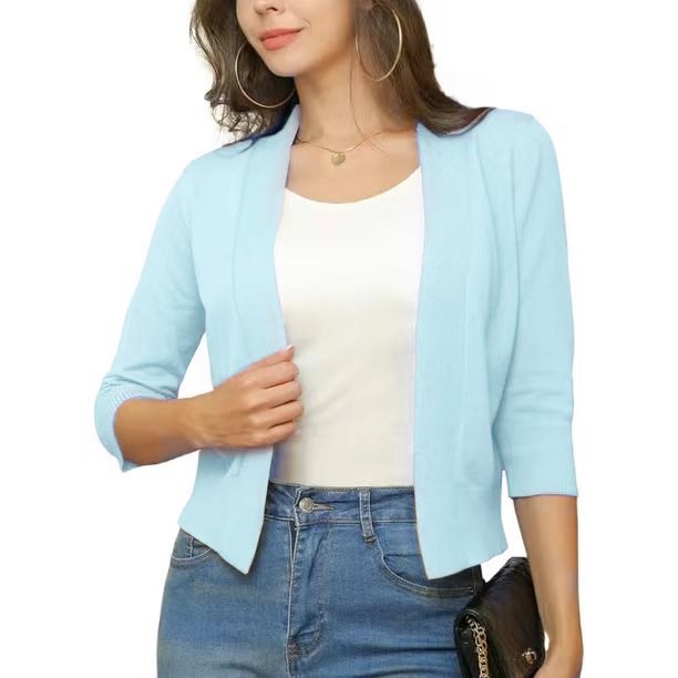 Comfortable women's open front cardigan, 3/4 sleeves, great for casual everyday layering.
