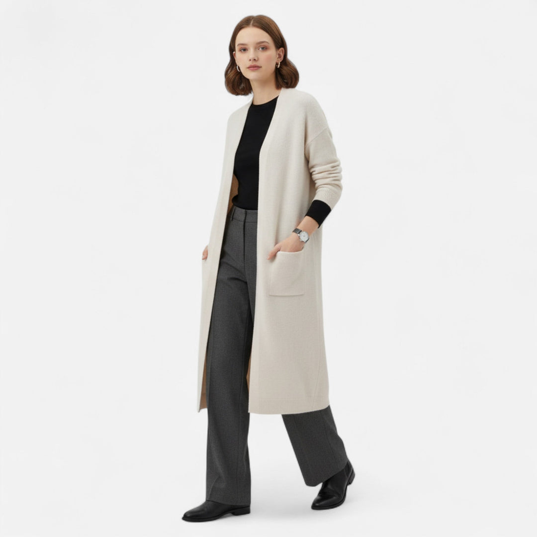 Elegant women's long cardigan with an open front, ideal for fall and winter fashion.