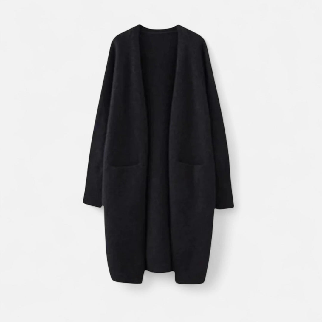 Chic long knit cardigan for women, designed with an open front for effortless style.