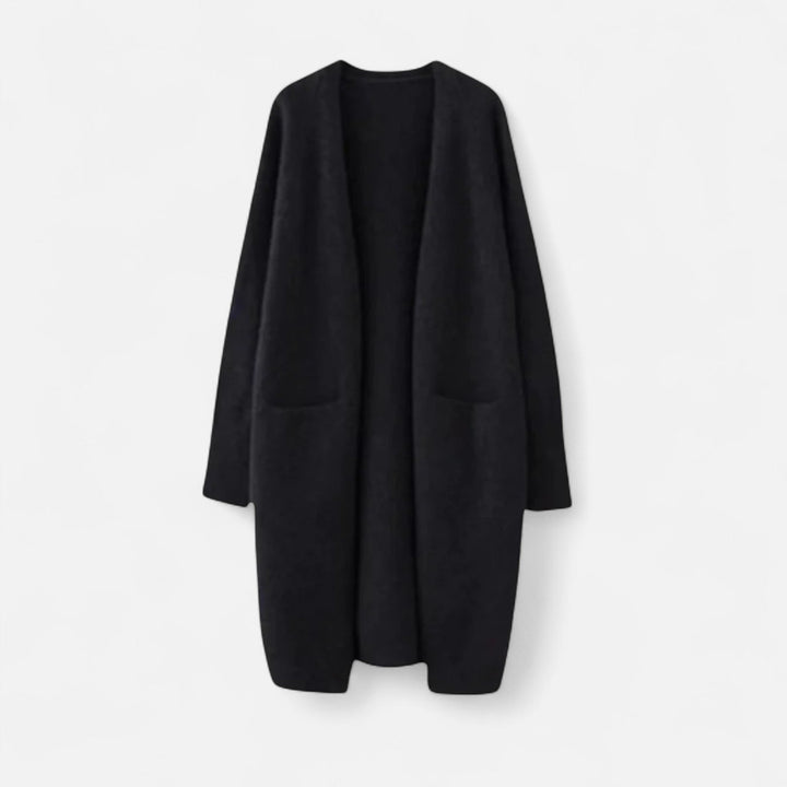 Chic long knit cardigan for women, designed with an open front for effortless style.