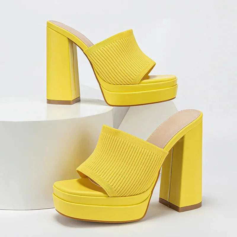 Front view of women's open-toe platform heeled sandals, showing open-toe design & supportive platform.