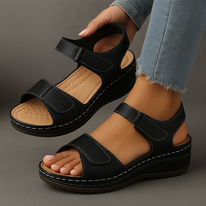 Durable women's platform sandals with open toe & secure ankle strap, perfect for warm weather and events.