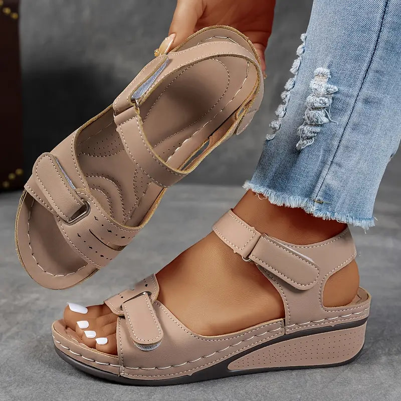Side view of stylish women's open toe platform sandals, showcasing the platform sole & secure ankle strap.