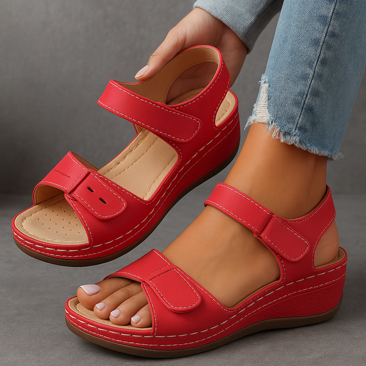 Front view of women's fashion platform sandals with open toe design and a comfortable ankle strap.