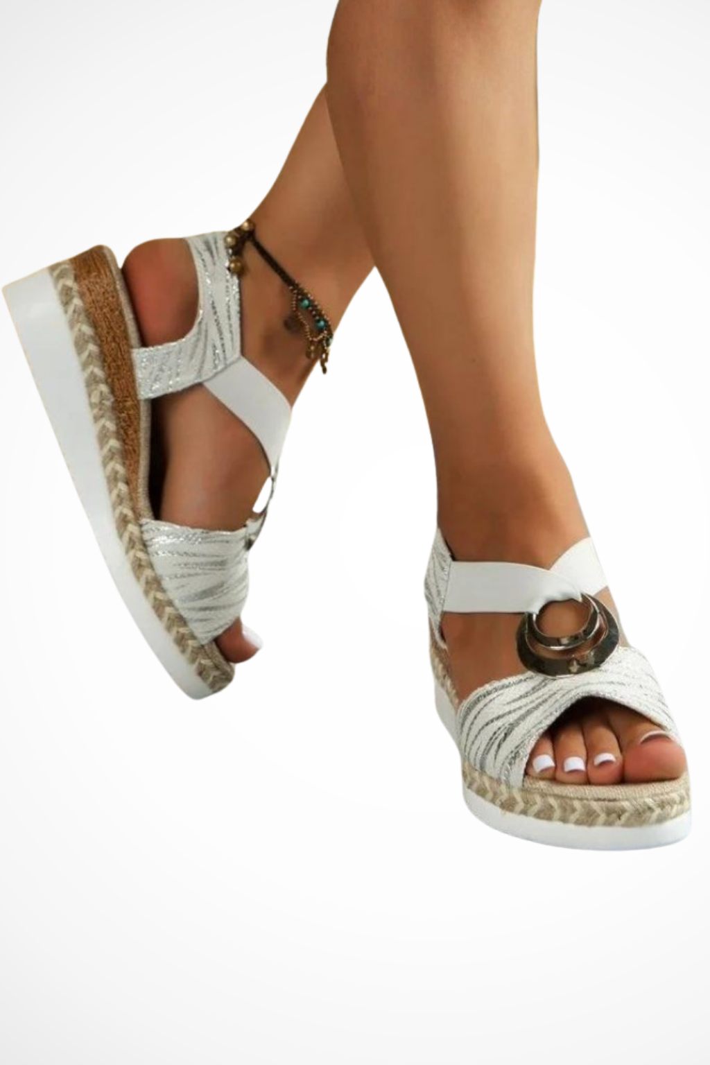 Elegant women's open toe wedge sandals with chic ring detail. Ideal summer fashion shoes.