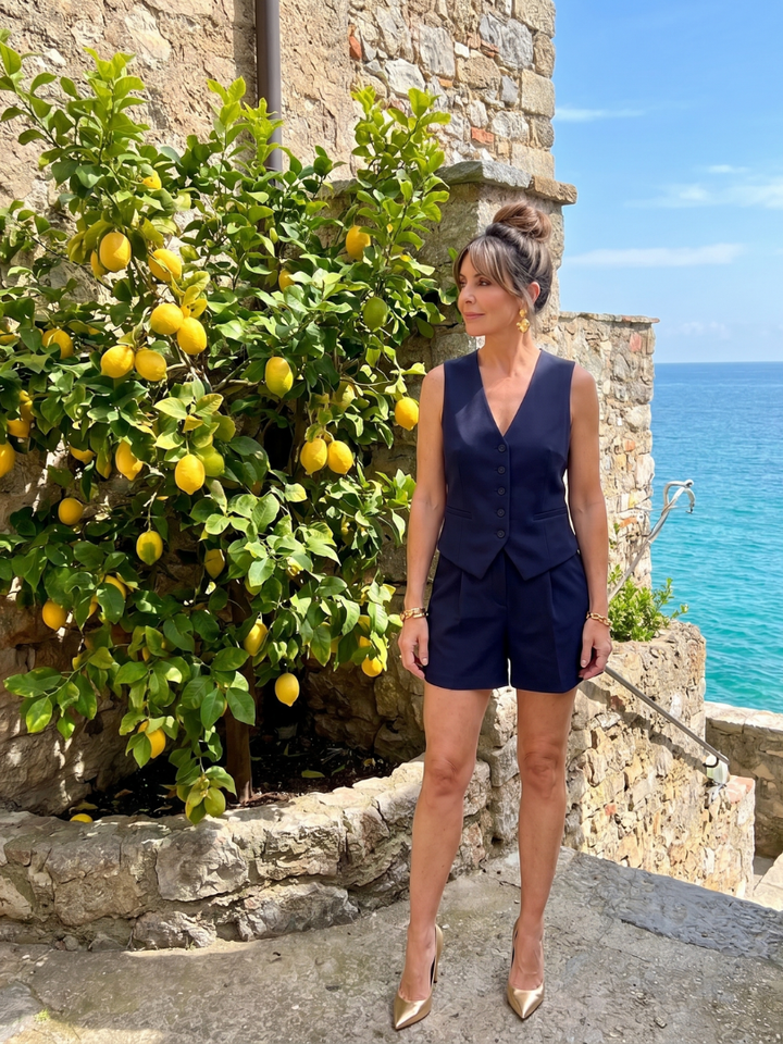 Versatile navy tailored co-ord set for women, with a sleeveless vest and smart shorts for any occasion.