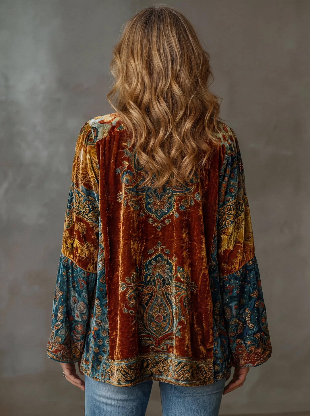 Stylish women's ornate boho kimono jacket. Features elegant bell sleeves & unique bohemian pattern. Perfect outerwear.