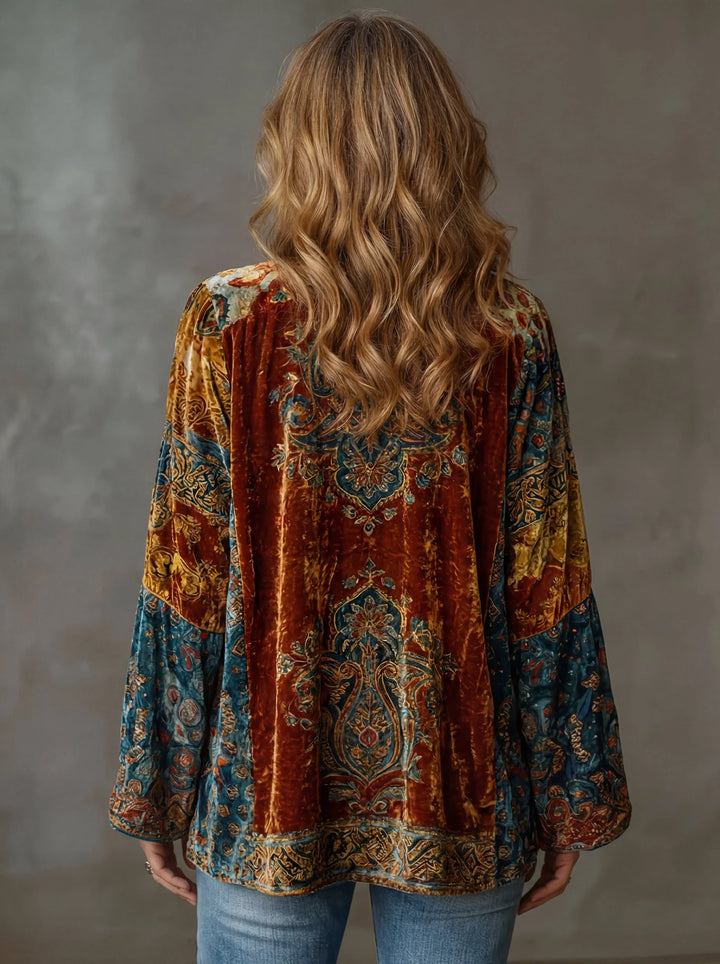 Stylish women's ornate boho kimono jacket. Features elegant bell sleeves & unique bohemian pattern. Perfect outerwear.