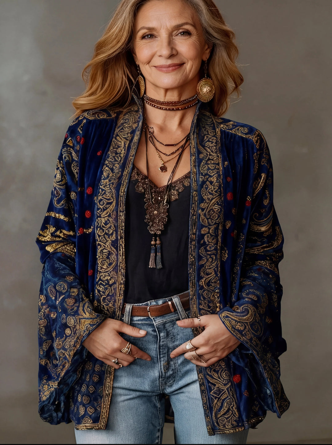 Bohemian women's ornate kimono jacket with dramatic bell sleeves. Casual & stylish layering fashion outerwear.