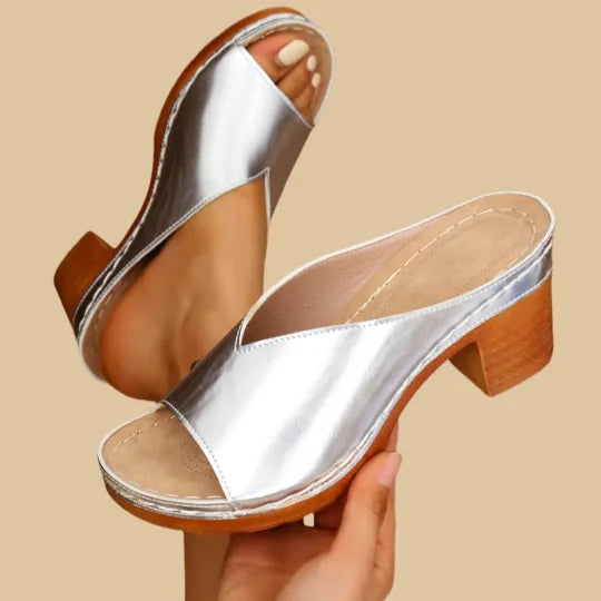 Fashionable women's high heel orthopaedic sandals, chunky design provides excellent arch support.
