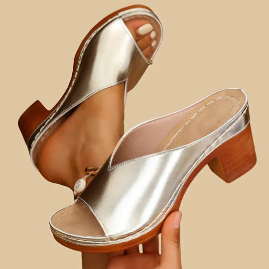 Orthopaedic chunky high heel sandals for women, designed for superior comfort & pain relief.