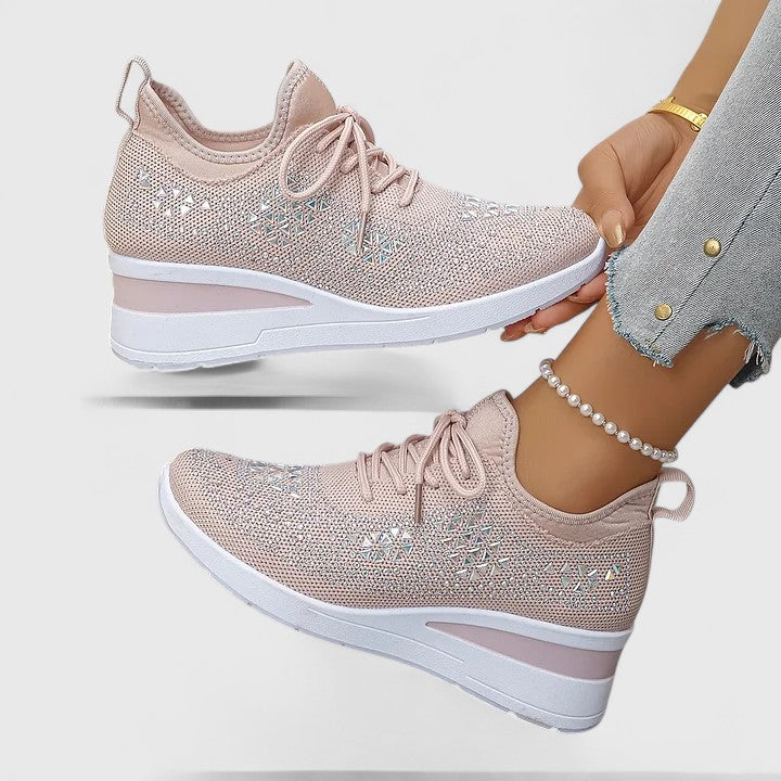 Sparkling women's comfort shoes with orthopaedic arch support and adjustable lace-up design.