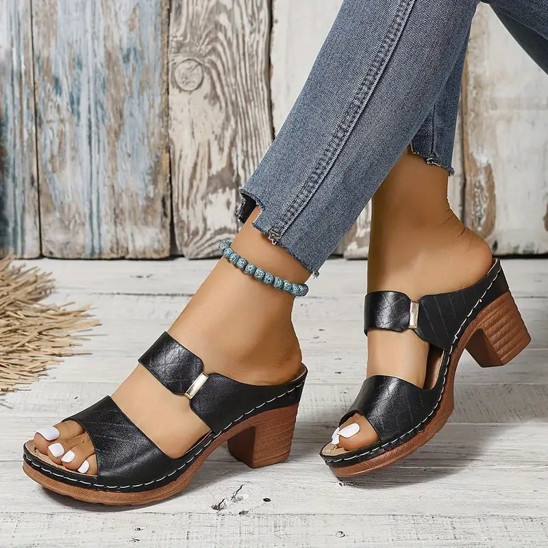 Women's dressy orthopaedic sandals with a sturdy block heel and soft cushioned footbed.