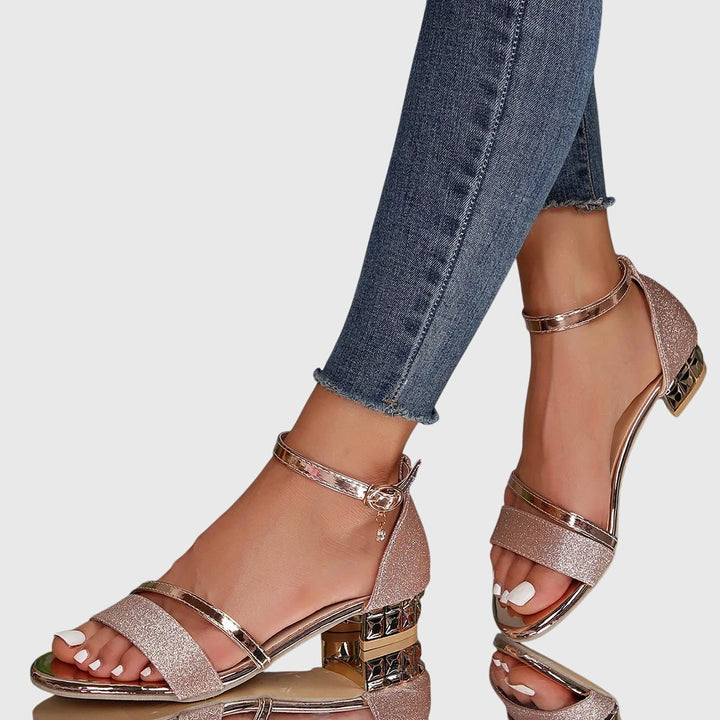 Side view of women's heeled orthopaedic sandals. Blends fashion with comfort footwear & foot support.