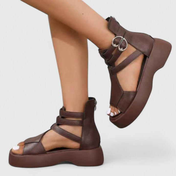 Comfortable women's orthopaedic walking sandals. Stylish platform with foot support, multi-strap & zip for summer.