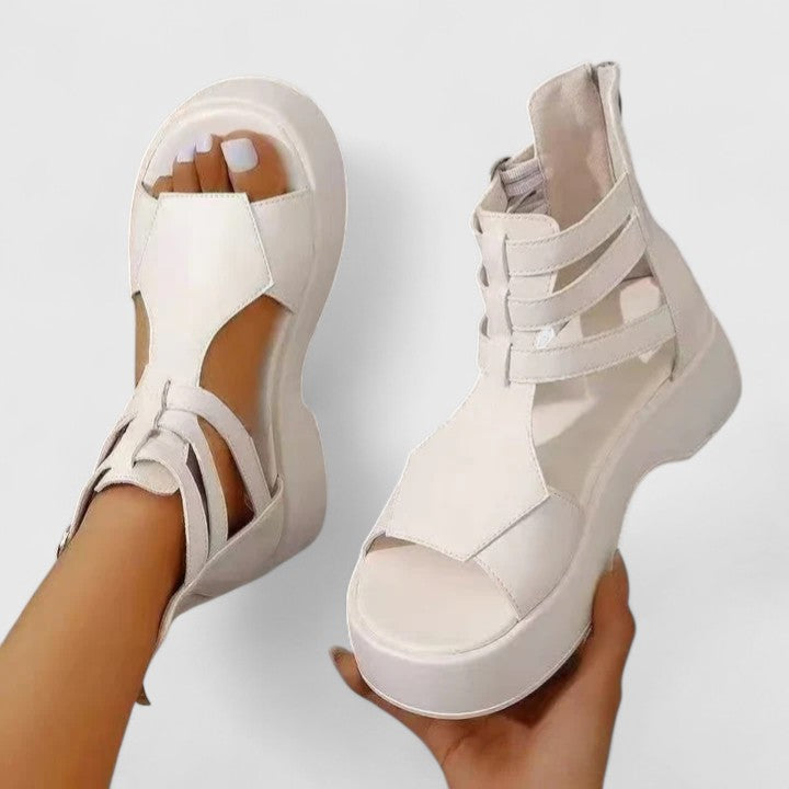 Orthopaedic platform sandals for women. Stylish multi-strap design, foot support, zip closure & buckle. Perfect comfort shoes.