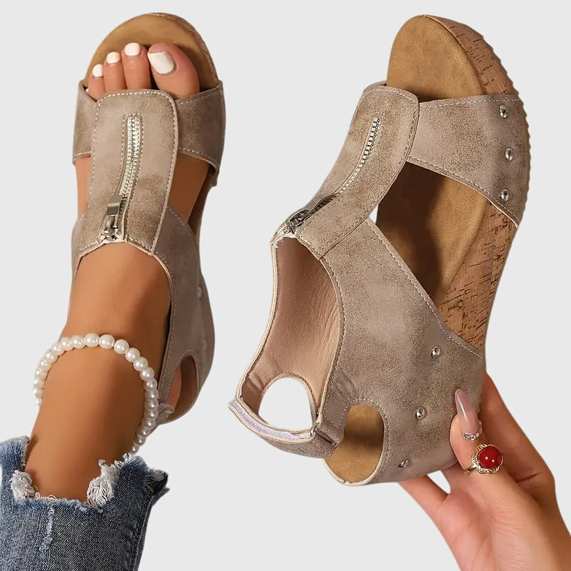 Beige orthopaedic zip sandals for women, offering foot support & pain relief. Ideal comfort footwear.