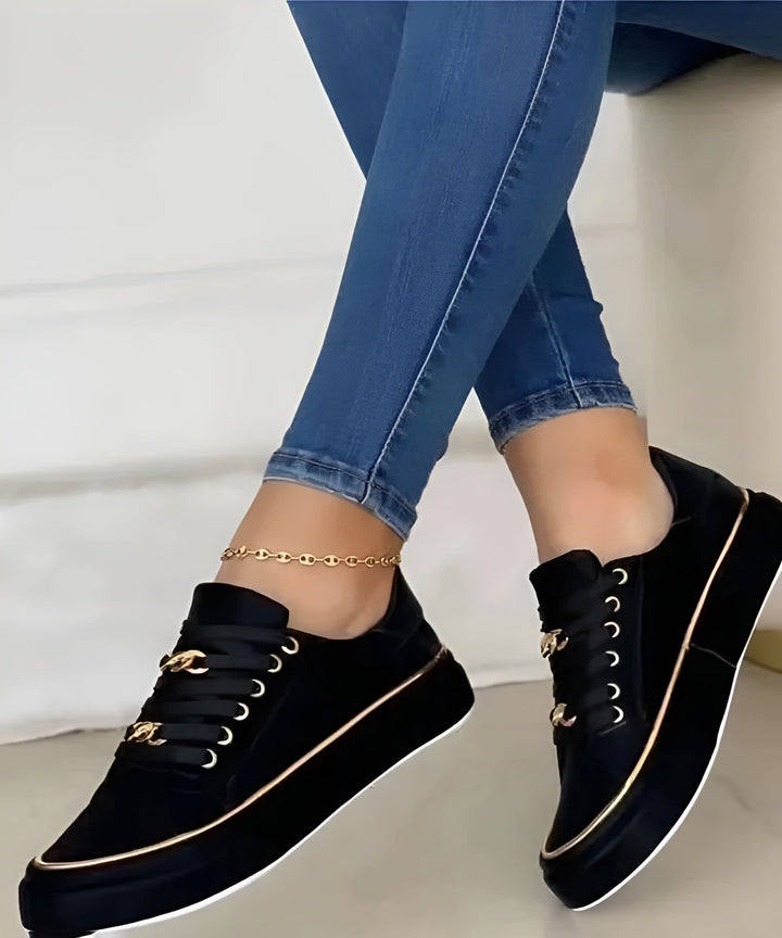 Comfortable women's fashion sneakers with elegant golden details, perfect for walking & daily arch support.