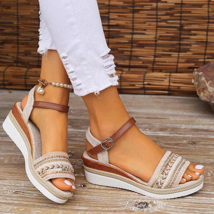 Comfortable women's orthopedic wedge sandals with arch support, perfect for all-day wear & summer comfort.