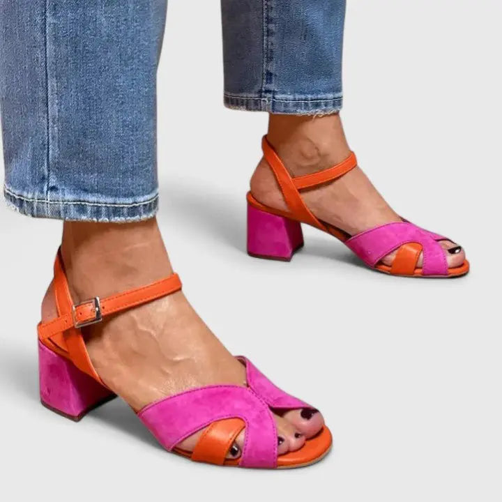 Women's orthopedic block heel sandals with ankle strap, cushioned for comfortable all-day wear.