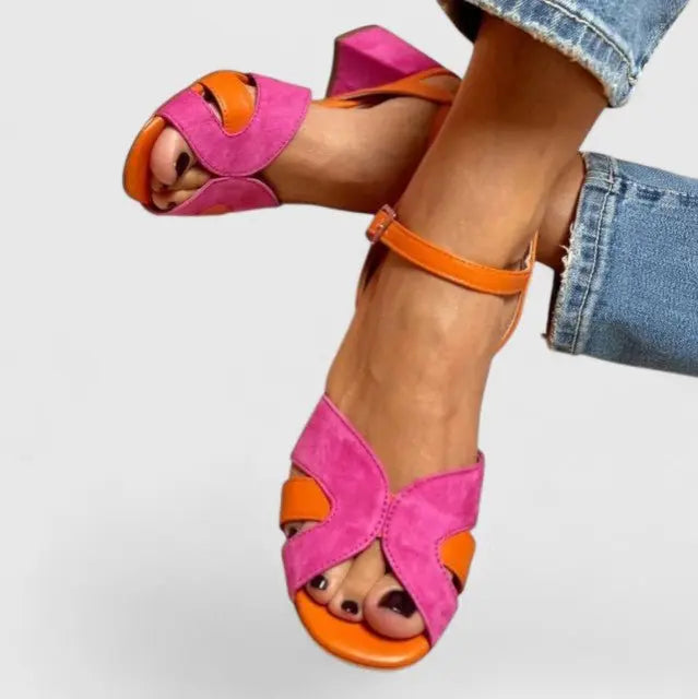 Stylish women's block heel sandals with orthopedic features and a supportive ankle strap for stability.