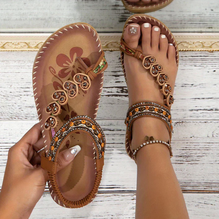 Women's orthopedic bohemian sandals with arch support, comfortable flat summer shoes, elegant ankle strap design.