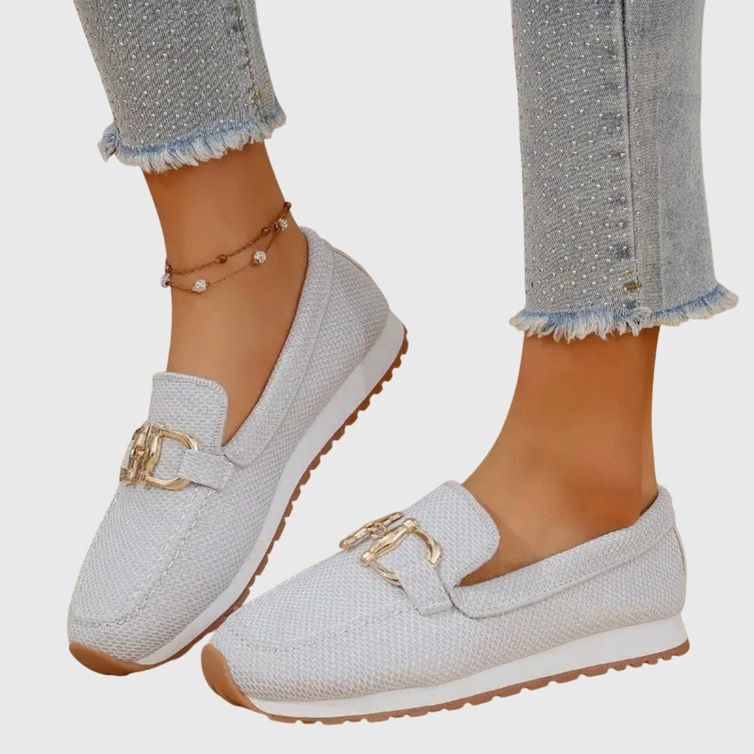 Grey women's casual flats, orthopedic slip-on loafers for superior comfort & easy convenience.