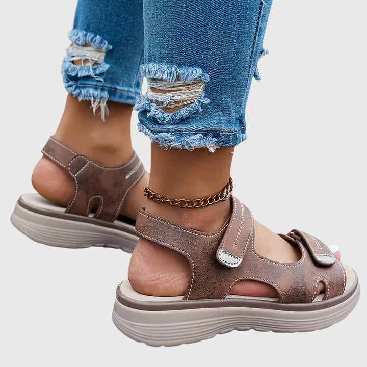 Premium material detail of women's comfort sandals, designed for foot pain relief & durability.