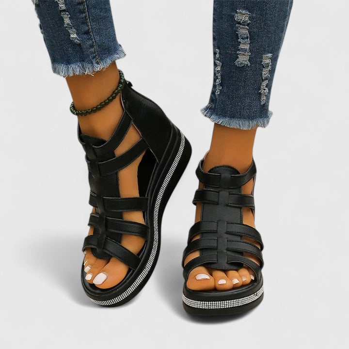Elegant women's summer wedge sandals, featuring sparkling rhinestones and orthopedic foot support.