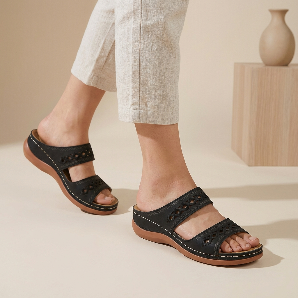 Women's orthopedic comfort slides with elegant laser-cut double straps for stylish all-day wear.