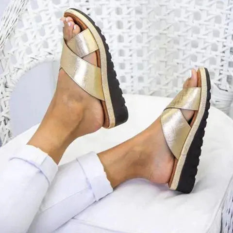 Comfortable orthopedic cross strap slides for women, ideal supportive footwear for summer walking & casual use.