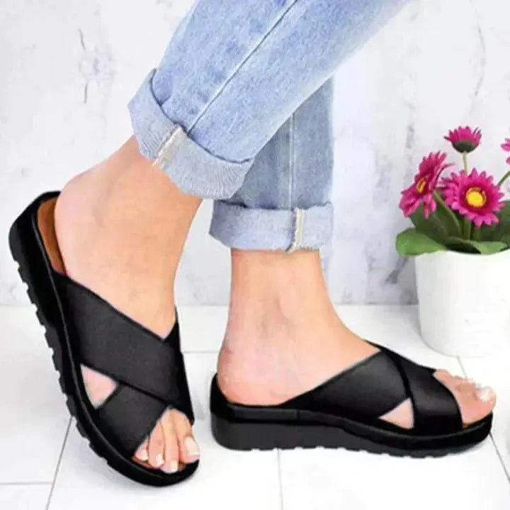 Elegant cross strap women's orthopedic sandals, providing stylish, supportive, and comfortable summer footwear.