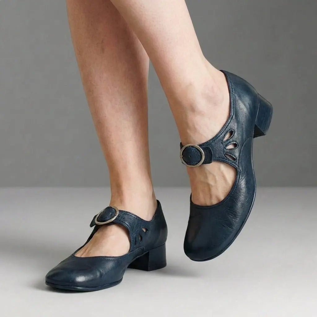 Stylish women's orthopedic Mary Jane shoes with supportive block heel, round toe, and adjustable buckle strap.