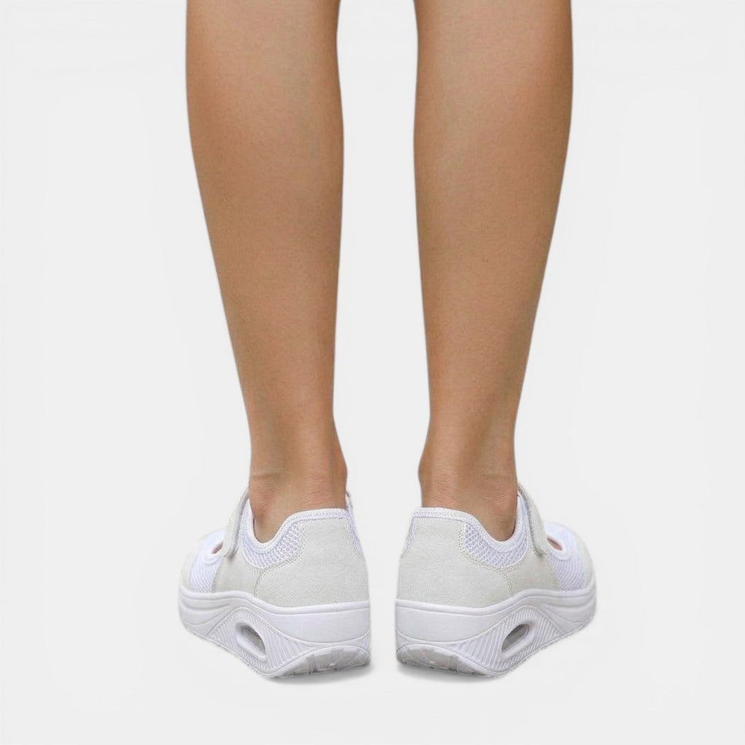 Black women's orthopedic Mary Jane platform sneakers. Adjustable strap comfort shoes for all-season active support.