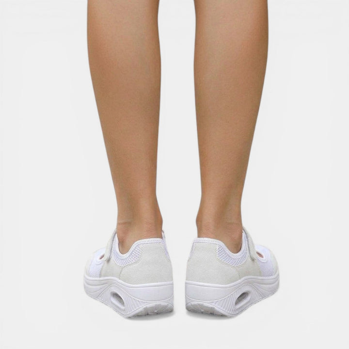 Black women's orthopedic Mary Jane platform sneakers. Adjustable strap comfort shoes for all-season active support.