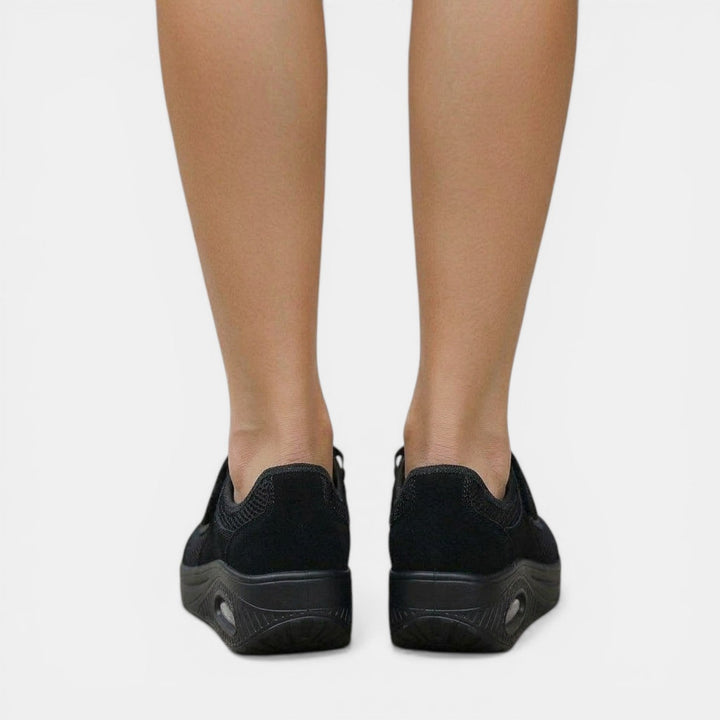 Grey women's active support Mary Jane sneakers. Orthopedic platform comfort shoes with adjustable strap for daily wear.