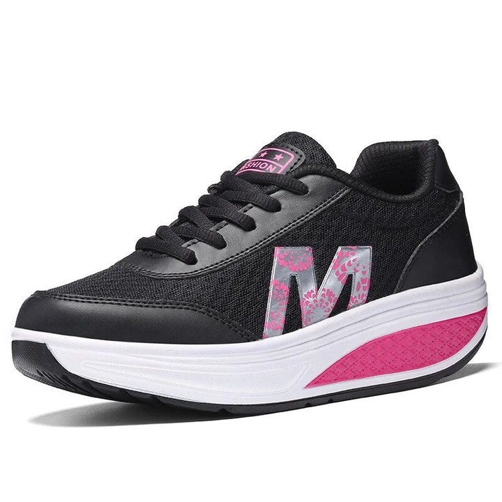 Women's orthopedic mesh walking sneakers with wedge sole, arch support & breathable comfort.