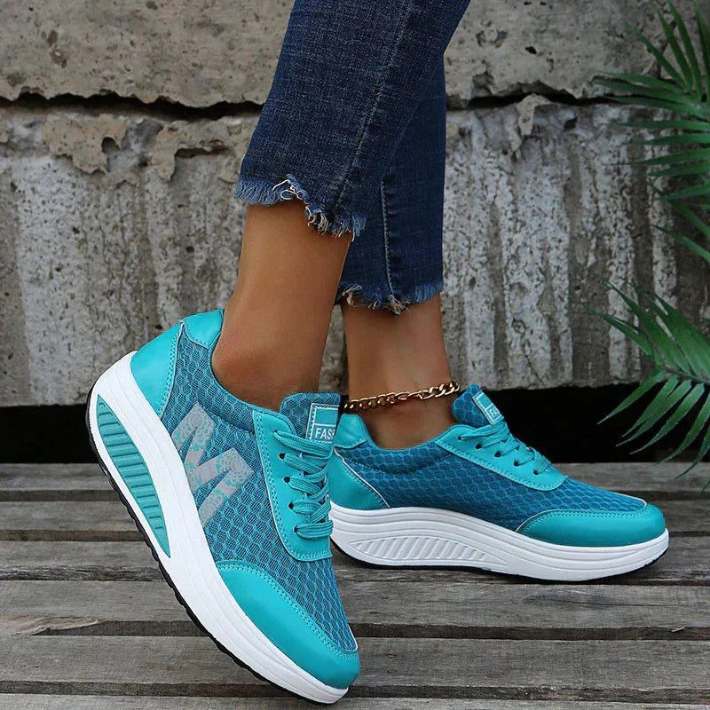 Health footwear: women's orthopedic mesh sneakers, wedge sole provides posture & arch support.